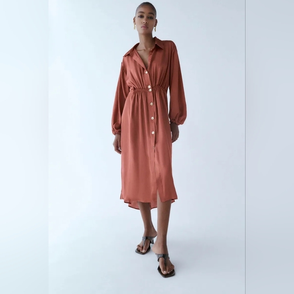 Zara Womens Satin Effect Midi Shirt Dress Marsala Size M - Picture 2 of 8
